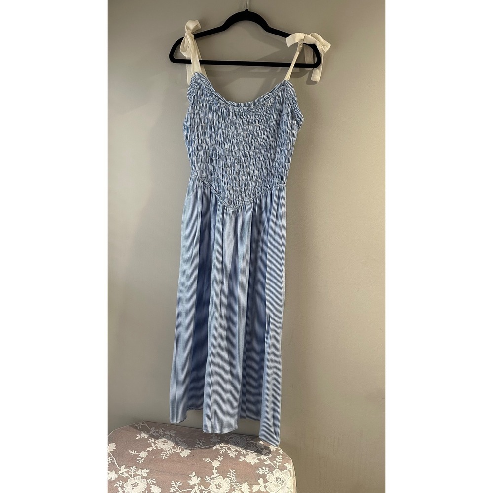 Sienna Sky Basque Waist Midi Dress Blue Striped Smocked Rayon Linen Tie Shoulder